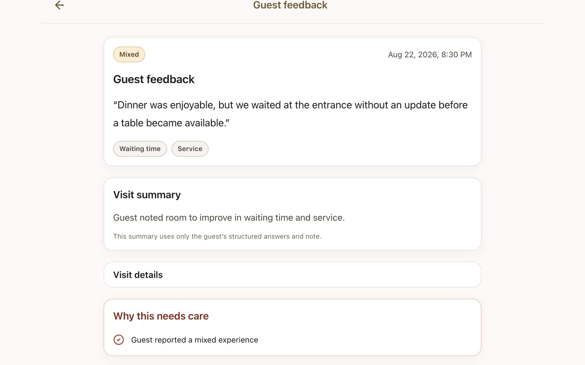 GuestSence Guest Care view showing a guest concern and reply context.