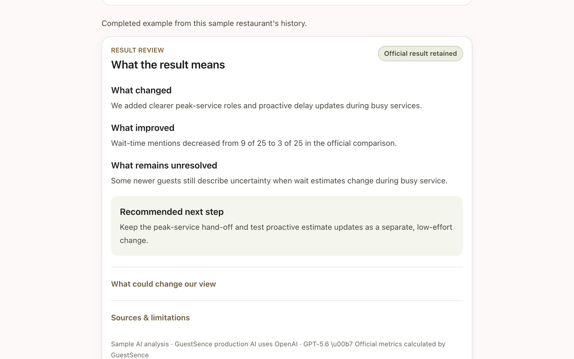 GuestSence result review comparing feedback before and after a restaurant change.